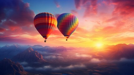 A vibrant hot air balloon ascending at dawn, the early light casting a warm glow on its surface.
