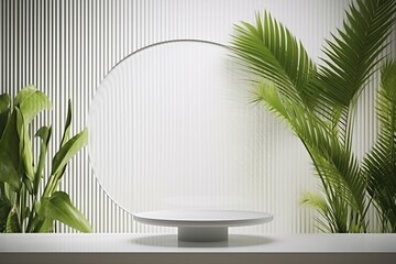 3D render empty blank white round products stand with clear mirror effect reeded glass shower screen and tropical green banana leafs plant. Natural beauty concept. generative ai.