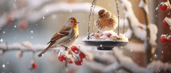 Winter Bird on Tree Branch with Bird House, Blur Background, Bird Photography, Generative AI - obrazy, fototapety, plakaty
