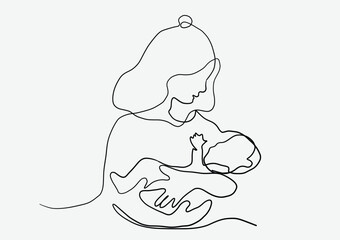 Continuous line drawing of mother with a baby with heart shape symbol.Hand drawn illustration for Happy International Mother's Day card.Vector mother's day concep and minimalism style concept.
