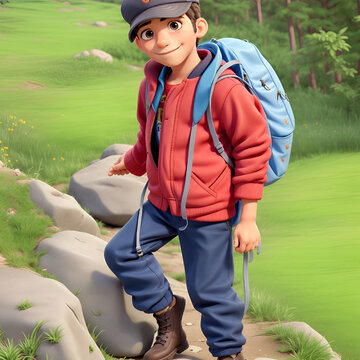 3d render of a boy with a backpack walking on a trail