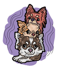 Funny lovely home animals happy playing together. For pet shop or kids room, logo design, party invitation, postcard for friend. Hand drawn illustration. Cartoon style character drawing.