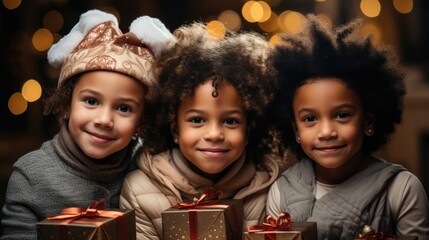  a Group portrait of diverse kids with gift boxes during party with friend looking at camera. - Powered by Adobe