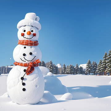 3D rendered snowman in winter landscape with fir trees and blue sky
