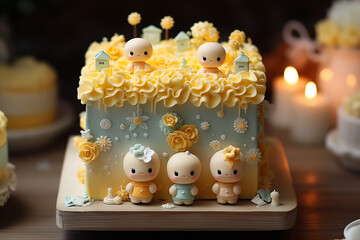 Fototapeta premium Charming Four-Layer Square Lemon Cake Adorned with Pastel Baby Figures, Perfect for Children's Parties, a Delightful and Beautiful Dessert Centerpiece