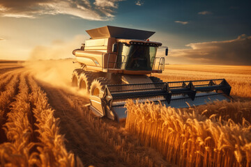 A modern Tractor driving over a large golden field.