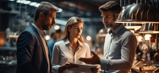 A salesperson consulting two business customers in a manufacturing environment at factory.