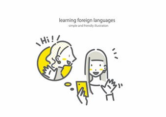 スマホで手軽に英会話を学ぶ若い女性　シンプルでお洒落な線画イラスト