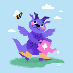 Cute Dragon cartoon mascot character. Happy New Year of the Dragon. The dragon eats delicious ice cream and meets bee and buttefly. Vector