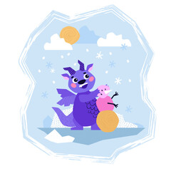 Cute Dragon cartoon mascot character. Happy New Year of the Dragon. The dragon made a snowman. Vector