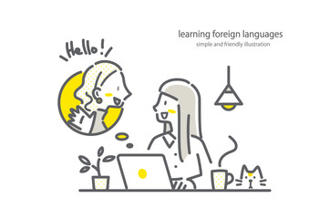 自宅でオンライン英会話に励む若い女性　シンプルでお洒落な線画イラスト