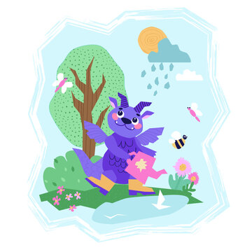 Cute Dragon cartoon mascot character. Happy New Year of the Dragon. The dragon is watering the flowers and watching the butterfly. Vector