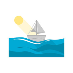 Sailboat floating in blue ocean sea with sun flat vector design