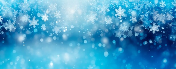 Obraz premium Blue winter christmas white snowflakes background, christmas and winter concept, Banner or card. copy space for text