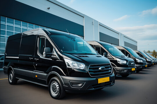 Black delivery vans in front of a warehouse.