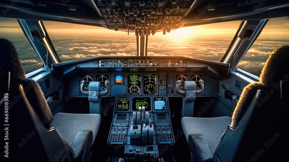 Poster controls and dashboards in the cockpit of an aircraft.