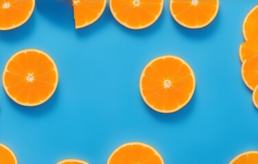 Orange slices on the blue floor, bokeh background, empty text space