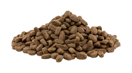 A slide of dry dog food on a white background. Food for dogs and cats in granules