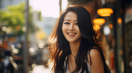 Obraz premium Close-up of a sexy Asian woman smiling happily.