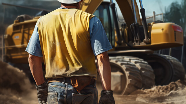 Close up construction worker in work standing near an excavator. Generative AI