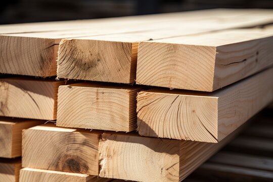 Wooden beams. Construction material. Lumber industry. Ai generative