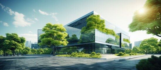 Environmentally conscious office building in urban areas Incorporating trees to combat heat and CO2 emissions - obrazy, fototapety, plakaty