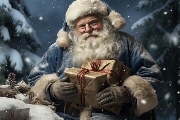 Fototapeta premium Portrait of a Santa Claus. A man wears a gray coat and hat for New Year's Eve. Blurred background of blowing snow.