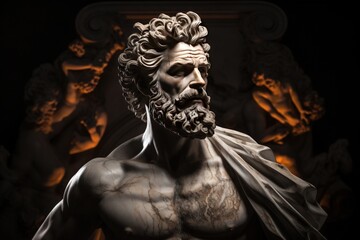 Sculpture stoïcienne représentant un personnage dans un environnement de feu. Grec ancien, romain. Stoïcisme. IA générative, IA - obrazy, fototapety, plakaty