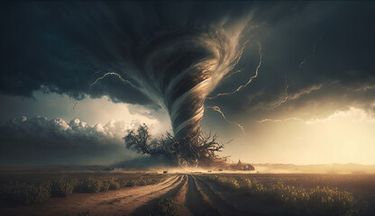landscape tornado and Lightning storms destroy in plain - obrazy, fototapety, plakaty