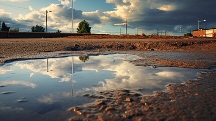 An isolated puddle after a rainstorm, the world around reflected in its still surface.