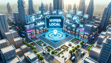 A detailed digital town square with holographic projections of local news, events, and advertisements. The central monument displays the term Hyperlocal, reinforcing the theme of local focus.