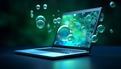Laptop aus dem Wasserblasen schweben