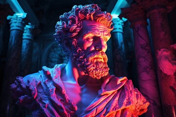 Sculpture stoïcienne façon personnage dans un environnement couleur néon. Du grec ancien, du romain et du cyberpunk. Stoïcisme. IA générative, IA - obrazy, fototapety, plakaty