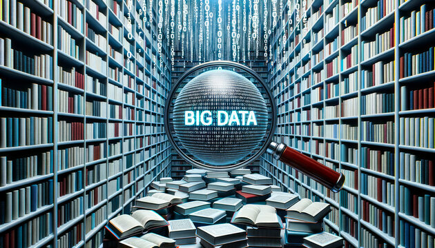 3D render of a colossal digital library where each book is coded with binary digits. A magnifying glass hovers, zooming in on the term Big Data, illustrating the depth of information available.