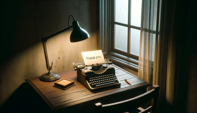 Dimly Lit Office: Vintage Typewriter's Silent Farewell. paper in the typewriter has the words 'Thank You' typed on it. essence of QUIET QUITTING.