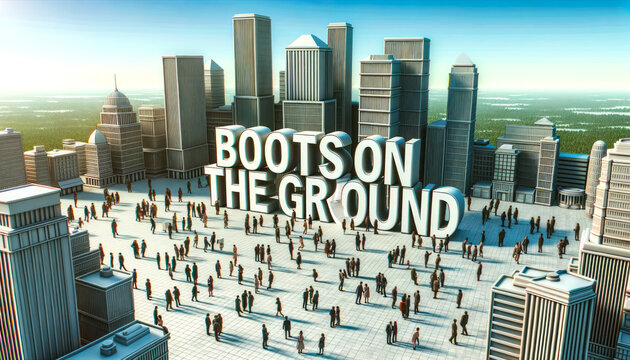 City Square Bustle: Businesspeople with Distinct Boots Engaging Clients - Boots on the Ground