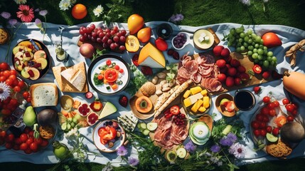An overhead shot of a vibrant picnic spread on a lush green lawn, complete with colorful blankets and summer fruits.
