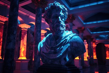 Fototapeta premium Sculpture stoïcienne façon personnage dans un environnement couleur néon. Du grec ancien, du romain et du cyberpunk. Stoïcisme. IA générative, IA