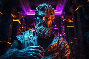 Sculpture sto&iuml;cienne fa&ccedil;on personnage dans un environnement couleur n&eacute;on. Du grec ancien, du romain et du cyberpunk. Sto&iuml;cisme. IA g&eacute;n&eacute;rative, IA