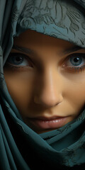 Junge muslimische hübsche Frau mit Blau Grünen Augen trägt Hijab im Studio Porträt Aufnahme, ai generativ - obrazy, fototapety, plakaty