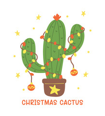 Christmas Cactus Cartoon, Retro Western Cowboy Hand Drawing and Festive Flat Design