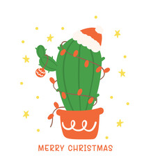 Cute Christmas Cactus Cartoon with Santa Hat, Kawaii Retro Western Cowboy plant Hand Drawing and Festive Flat Design