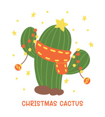 Cute Christmas Cactus Cartoon, Kawaii Retro Western Cowboy Hand Drawing and Festive Flat Design