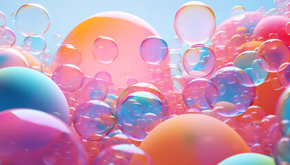Seifenblasen in regenbogen Farben für Hintergrund oder bunte Akzente - obrazy, fototapety, plakaty