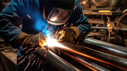 Technician Welding for steel structure at manufacture workshop.