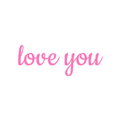 Icon pink text love you isolated on transparent and white background. Festive element closeup for Valentine's day design decoration. Vector flat illustration. Lettering for cards and banners.