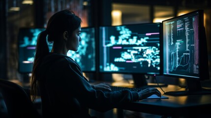 charismatic young woman , a software developer businesswoman working in data analytics science or engineering sitting in front three monitors coding.