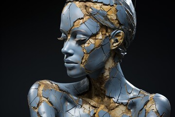 Obraz premium Sculpture stoïcienne de style kintsugi, lignes dorées. Grec ancien, romain, religieux. Stoïcisme. IA générative, IA