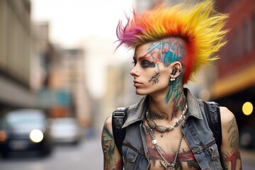 Punk rocker with colorful hair and tattoos.
