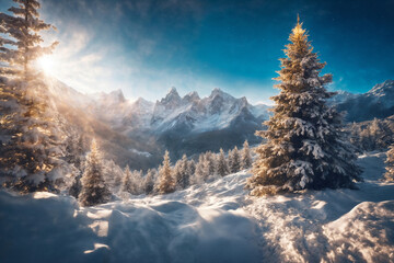 Fototapeta na wymiar Christmas tree in a winter forest, snow covered mountains, beautiful nature at sunset